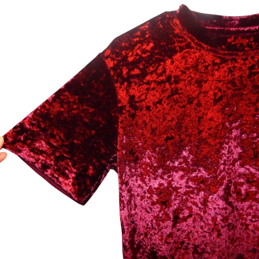 women's small burgundy maroon red crushed velvet short sleeve blouse shirt top - Picture 3 of 9